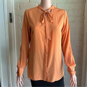 The Limited size small orange polka dotted tie long sleeve button down blouse